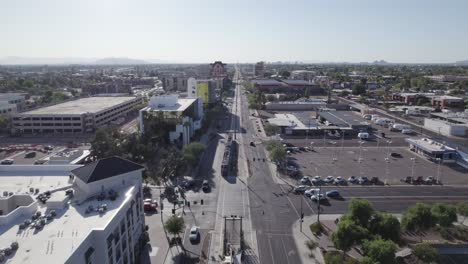 Aerial-Flyover-Of-A-Urban-City-Street-In-Mesa,-Arizona