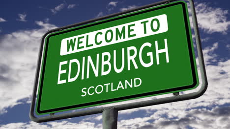 Willkommen-In-Edinburgh,-Schottland,-Großbritannien,-Stadtstraßenschild,-Realistische-3D-Animation