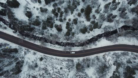 Scenic-aerial-view-of-snowy-American-Fork-Canyon-road-near-river-with-traffic