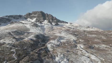 El-Anciano-De-La-Formación-Rocosa-Storr-En-La-Isla-De-Skye,-Escocia,-Con-Una-Ligera-Capa-De-Nieve,-Vista-Aérea.