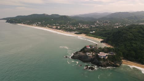 Drone-Panoramic-Beach-Landscape-of-San-Pancho-Mexican-Paradisiacal-Sea-Village,-Resort-Coastline,-in-Latin-America-Travel-Destination