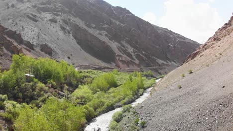 Small-portion-of-greenery-near-ice-water-river-in-the-mountain-of-ladakh,-INDIA