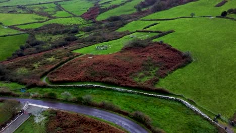 Establishing-aerial-drone-shot-rising-up-over-the-lush-countryside-to-reveal-the-Drombeg-Stone-Circle-on-a-wet-rainy-day-in-Cork,-Ireland