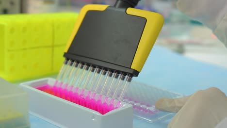 Wissenschaftler-Handhabung-Labor-Mehrkanal-Mikroliterpipette