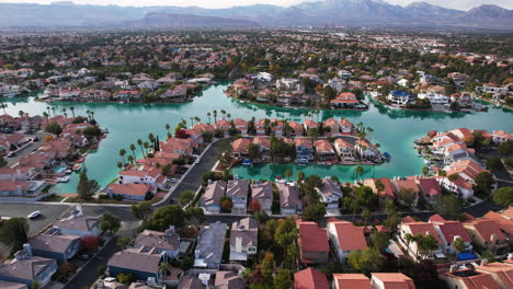 Drone-Shot-of-The-Lakes,-Upscale-Residential-Community-of-Las-Vegas,-Nevada-USA,-Homes-and-Streets