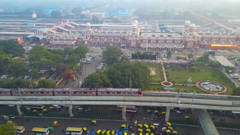 Aerial-view-of-1090-Chauraha-Gomti-Nagar,-DR-AMBEDKAR-DWAR,-Lucknow-metro-and-Lucknow-charbagh-railway-station-and-Lucknow-city