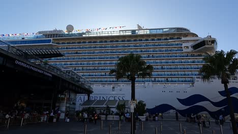 Majestic-cruise-ship-docked-at-Sydney-harbor-with-palm-trees-and-clear-blue-sky,-wide-shot