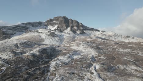 Old-man-of-storr-on-the-isle-of-skye,-showcasing-rugged-scottish-landscapes-under-a-cloudy-sky,-aerial-view