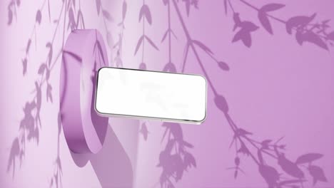 Product-display-animation-of-modern-smartphone-new-model-with-white-blank-screen-on-a-wall-with-tree-flowers-leaf-shadow-Vertical-on-purple-background