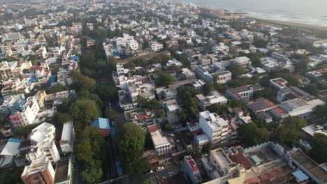 Aerial-video-of-Pondycherry-Beach,-a-historic-French-colony