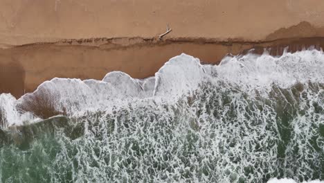Top-down-view-of-a-beautiful-South-African-Beach,-aerial-drone-shot-of-waves-on-the-beach-with-driftwood
