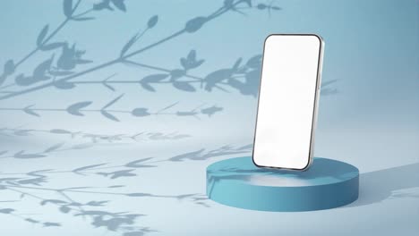 Produktpräsentationsanimation-Eines-Modernen-Neuen-Smartphone-Modells-Mit-Weißem,-Leerem-Bildschirm-An-Einer-Wand-Mit-Blauem-Hintergrund-Mit-Baumblüten,-Blättern-Und-Schatten