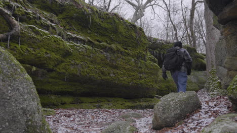 slow-motion-footage-of-a-hiker-wearing-a-backpack-walking-through-the-forest-against-a-mossy-Cliff-and-giant-boulders-on-a-gray-winter-day