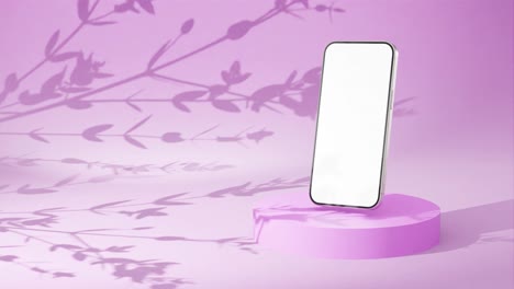 Produktpräsentationsanimation-Eines-Modernen-Neuen-Smartphone-Modells-Mit-Weißem-Leerem-Bildschirm-An-Einer-Wand-Mit-Schatten-Von-Blumen-Und-Blättern