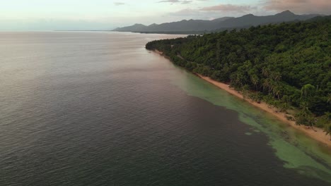 Aerial-drone-shot-of-calm-ocean-coastline-by-quaint,-tropical-island-with-lush-palm-trees-at-dusk