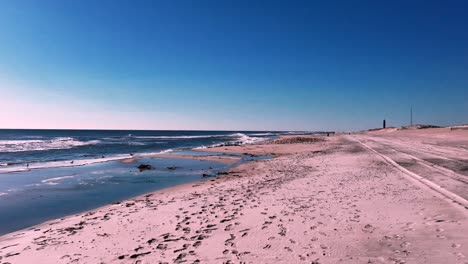 Ein-Blick-Aus-Niedriger-Perspektive-Auf-Einen-Großen-Schwarm-Strandläufer,-Die-An-Einem-Sonnigen-Tag-An-Einem-Leeren-Strand-Ein-Sonnenbad-Nehmen