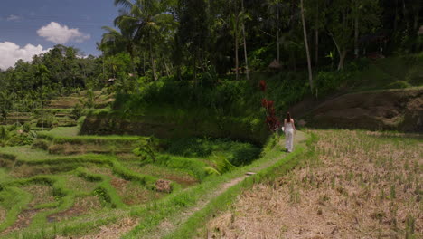 Footsteps-of-young-woman-tracing-path-amidst-the-lush-green-rice-terrace