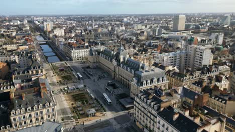 Quartier-Republique-of-Rennes-City,-France.-Aerial-backward