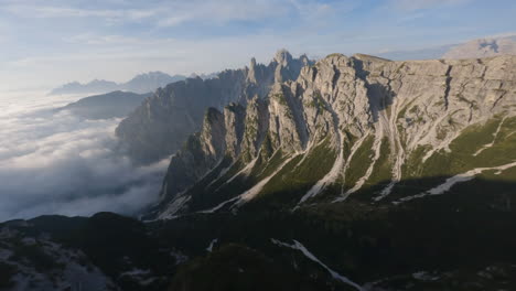Magical-landscape-of-Dolomites-in-Italy,-aerial-FPV-drone-view