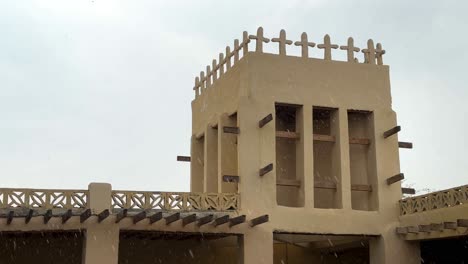 Cloudy-weather-rain-shower-in-tropical-climate-and-the-cross-design-traditional-architectural-elements-symbol-on-minimal-nude-color-bohemian-architecture-building-Qeshm-Island-landscape-people-culture