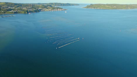 Aerial-Island-Drone-Landscape,-Fish-Nets-at-Aucar-Chiloé-Chile-Patagonian-Blue-Natural-Destination