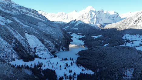 Obersee-Switzerland-Glarus-amazing-reveal-aerial-of-lake-and-mountains