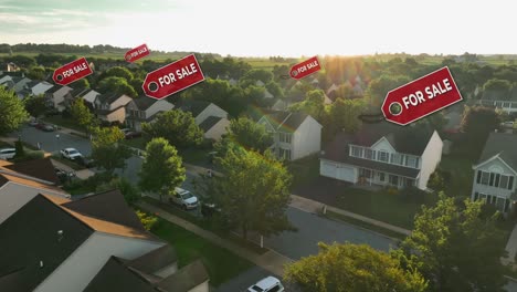 Sunset-over-an-American-neighborhood-with-"For-Sale"-signs-animated-above-houses