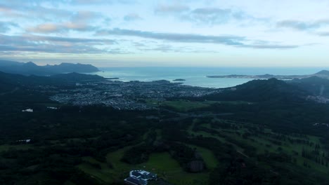 Aerial-Drone-view-Nu'uanu-Pali-Ohau-Hawaii,-Distant-Ocean