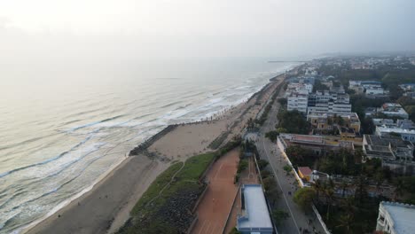 Aerial-footage-taken-early-in-the-morning-of-Pondycherry-Beach,-which-is-among-the-oldest-French-colonies