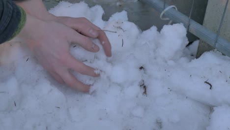 Nahaufnahme-Eines-Mannes,-Der-Mit-Bloßen-Händen-(ohne-Handschuhe)-Schneebälle-Macht