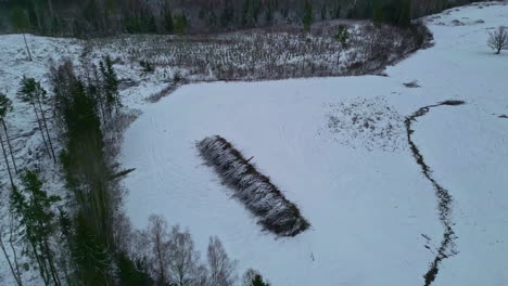 Wide-drone-shot-of-trees-chopped-down-for-lumber,-lined-up-to-dry,-covered-in-snow
