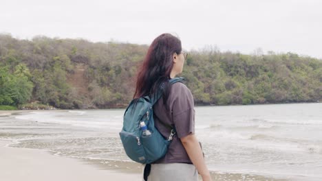 Woman-with-backpack-gazing-at-serene-Segresse-Beach-in-Grenada,-overcast-day,-tranquil-scene