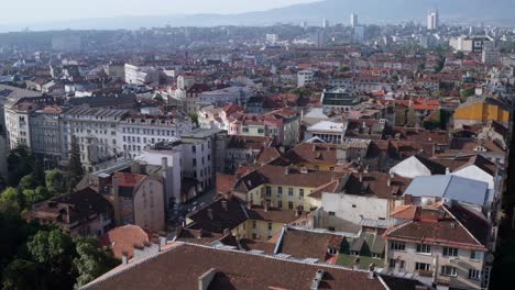 Establisher-old-town-district-in-Sofia,-Bulgaria,-aerial-view-over-skyline