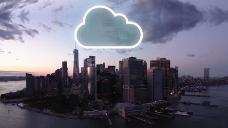 Data-cloud-on-top-of-a-the-New-York-city-skyline,-during-dusk---CGI-render