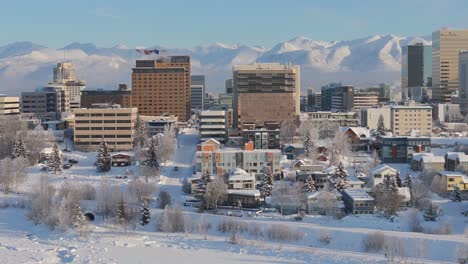 Skyline-Der-Innenstadt-Von-Anchorage-In-Der-Abenddämmerung-Im-Winter-Mit-Schnee-Bedeckt,-Alaska,-USA