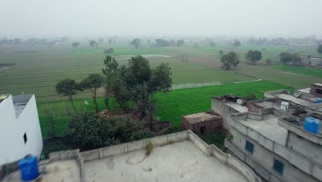 Alipur,-Pakistan-Mit-Wohngebäuden-Und-Grünen-Feldern-An-Einem-Bewölkten-Tag,-Ländliche-Landschaft,-Luftaufnahme