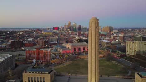 Kansas-City,-Missouri,-05-September-2018-–-Aerial-drone-footage-of-up-close-to-World-War-1-Museum-with-downtown-KCMO-skyline-in-the-background