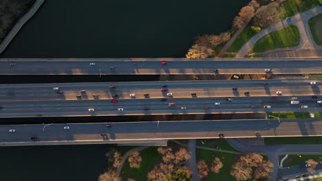 Aerial-view-of-traffic-on-multilane-highway-slowing-down-and-becoming-congested