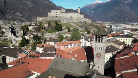 Bellinzona-Switzerland-view-of-hilltop-castle-from-above-church