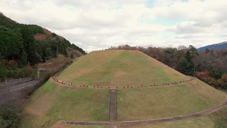 Aerial-Drone-Fly-Kofun-Megalithic-Mozu-Tombs-Landscape-in-Osaka-Japan