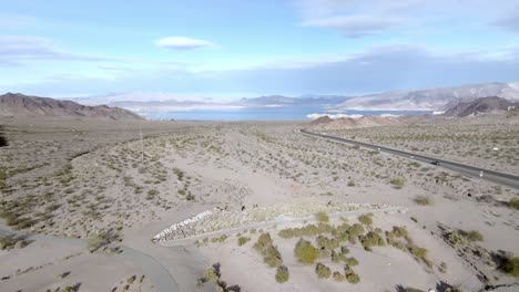 Lake-Mead-wide-shot-Boulder-City,-Nevada-and-drone-video-moving-up