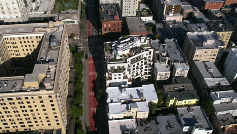 Downtown-San-Francisco-CA-USA,-Aerial-View-of-Powell-Street-Traffic-and-Buildings-on-Nob-Hill,-Drone-Shot