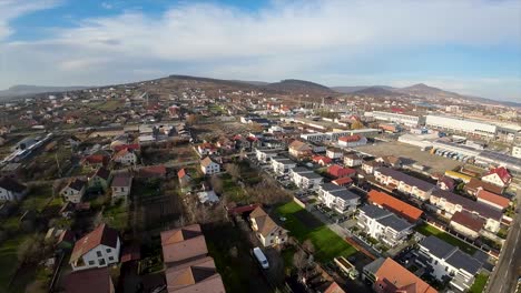 Aerial-view,-suburban-neighborhood-in-east-european-town-on-a-sunny-day