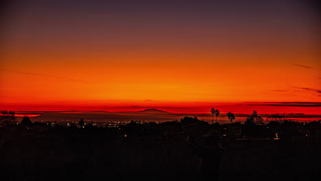 Timelapse-of-silhouette-people-watching-the-sunset-at-a-viewpoint-in-Los-Angeles,-sunset-in-California,-USA