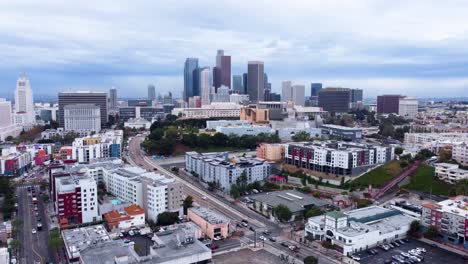 Drone-shot-rising-up-while-looking-at-downtown-Los-Angeles