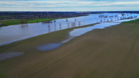 überflutetes-Feld-In-Den-Niederlanden-Neben-Der-Maas-In-Limburg,-Drohnenluftaufnahme