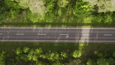 Aerial-vertical-trucking-shot-of-an-empty-asphalt-road-in-the-middle-of-the-forest-in-summer