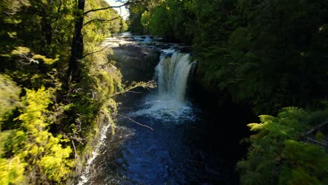 Immersive-drone-shot-of-Rio-Bravo-waterfall-in-Tepuhueico-Park,-Chiloe,-Chile