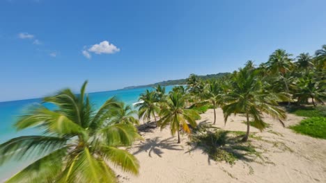 FPV-Drohnenflug-über-Den-Tropischen-Playa-Rincon-Mit-Türkisfarbenem-Meer-Und-Palmen