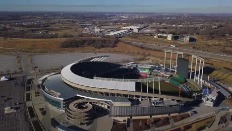 Kansas-City,-Missouri,-05-January-2019-–-Aerial-drone-footage-of-pan-around-Kauffman-Stadium-where-the-KC-Royals-play-baseball-in-the-MLB